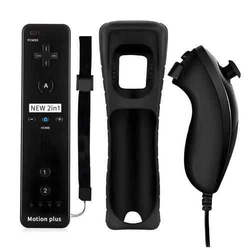 Qumox 2 En 1 Manette Motion Plus Intégrée Remote Nunchuck Noir + Housse, Manette Wii Nunchuck Pour Nintendo Wii Wii U Wii Mini