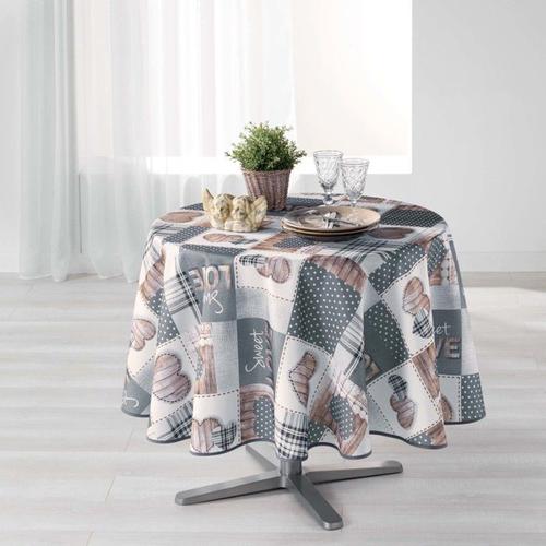 Nappe Ronde Imprimée "Hearty" 180cm Blanc & Gris