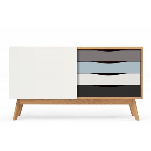 Paris Prix - Buffet 4 Tiroirs & 1 Porte "Avon" 128cm Chêne & Bleu