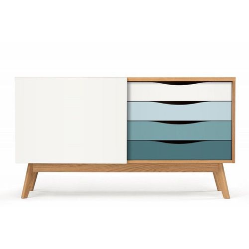Paris Prix - Buffet 4 Tiroirs & 1 Porte "Avon" 128cm Chêne & Turquoise