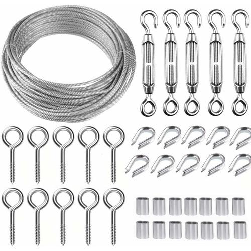 Kit câble inox 30 m/2 mm avec tendeur M5, kit enrouleur clôture, kit grillage, tendeur MNS pour plantes grimpantes