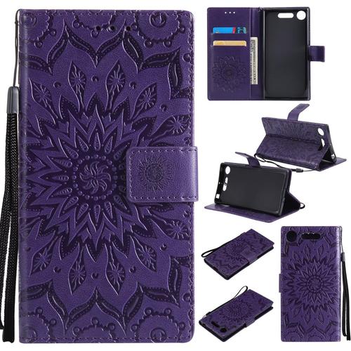 Coque Sony Xperia Xz1 Portefeuille Étui En Cuir Pu Flip Case Tournesol Motif Embossed Housse Avec Emplacements Pour Cartes Et Fonction Support Pour Sony Xperia Xz1