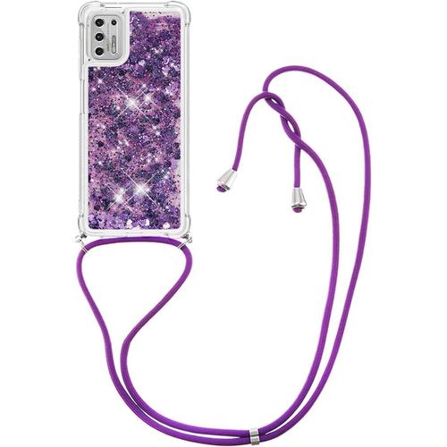 Moto G Stylus 2021 Coque Mauve Mince Souple Coque Avec Cordon De Collier Glitter Liquide Housse En Silicone Etui Avec Lanière Pour Motorola Moto G Stylus 2021 6.8