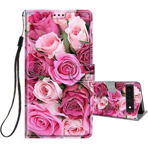 Coque Pour Google Pixel 6 Housse Cuir À Rabat Etui Folio Portefeuille Motif Pour Filles Femme Garçons, Flip Case Cuir Pu Étui Antichoc Cover Pour Pixel 6, Rose Rose