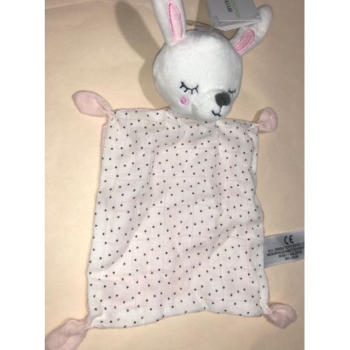 Doudou Lapin Kiabi Mouchoir Coton Fin Rose Blanc Coeurs Simba Toys Benelux