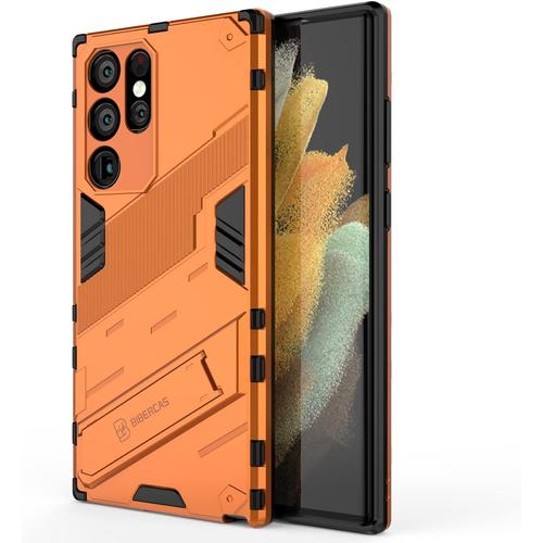 Coque Pour Samsung Galaxy S22 Ultra 5g Avec Béquille Qualité Militaire Anti-Chute Protection Fonction De Support De Voiture Magnétique Housse Étui Pc Et Tpu, Orange