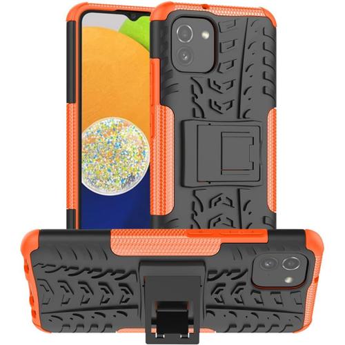 Coque Compatible Avec Samsung Galaxy A03, Ultra-Mince Rugged Heavy Duty Antichoc Anti-Rayure Housse Avec Béquille Protection Etui Pour Samsung Galaxy A03 Jx Orange.