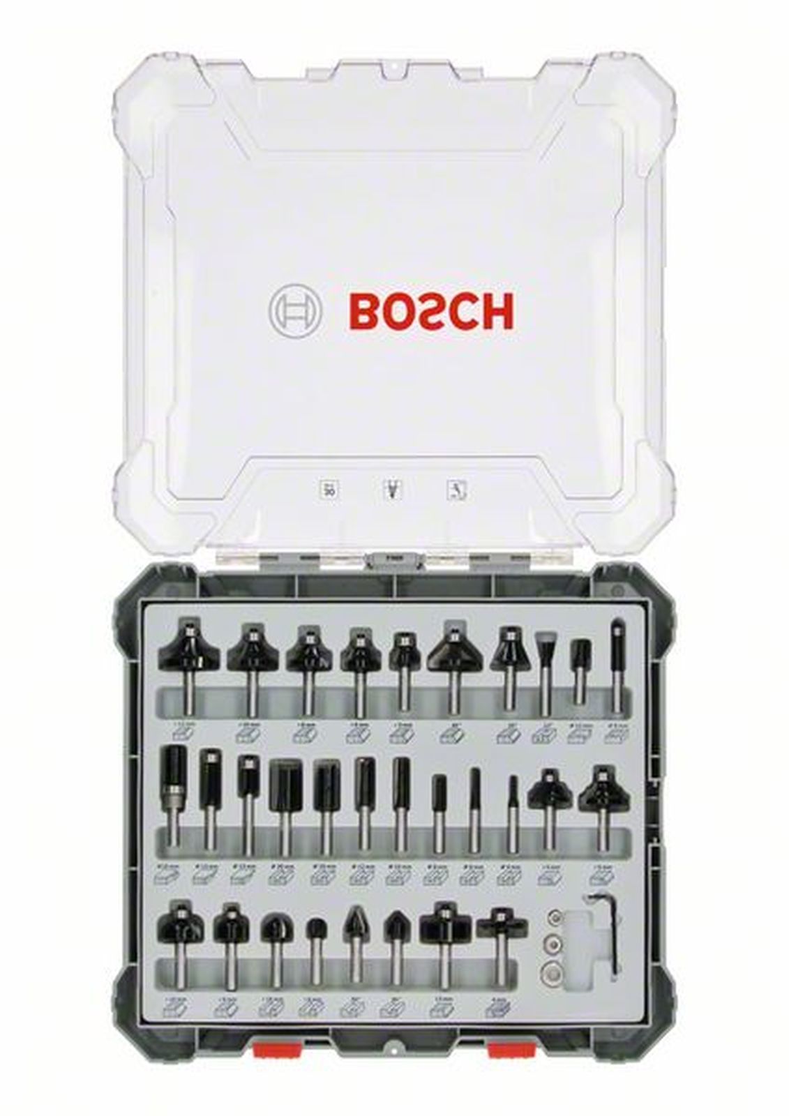 Bosch Professional 2607017476 Lot de 30 pi/èces Kit de fraisage pour bois pour d/éfonceuse avec tige 1//4