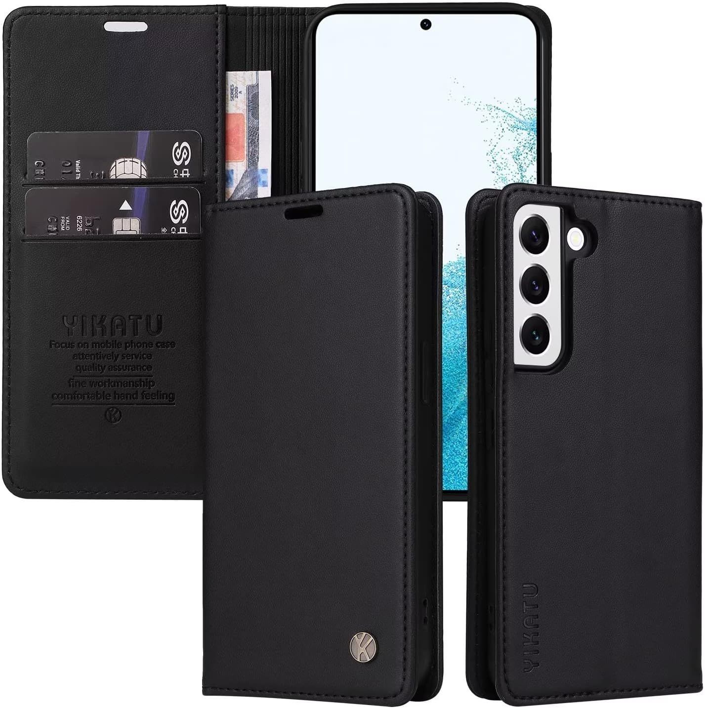 Etui Coque Pour Samsung Galaxy S22, Housse En Cuir Pu Premium Etui À Rabat Pochette De Portefeuille Emplacements Cartes Fonction Support Fermeture Magnétique , Noir