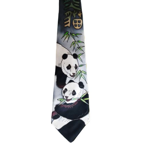 Cravate Motifs "Pandas" 100% Soie Peinte À La Main Multicolore