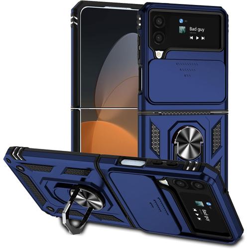 Coque Compatible Avec Samsung Galaxy Z Flip 4 5g Étui Avec Cache Caméra & Support À Bague 360 Armor Full Body Antichoc Antichut Housse Tpu Silicone Bumper Coverbleu