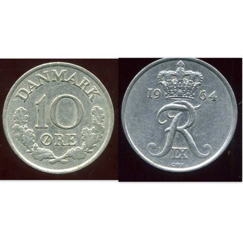 Pièce Monnaie - Danemark 10 Ore 1964