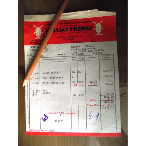 Facture De 1939 Pâtes Et Produits Alimentaires Établissements Milliat Frères 4,6, Rue Mouillard Lyon.
