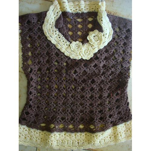 Pull Sans Manche Décor Fleurs Jaune, Réalisé Main, Au Crochet