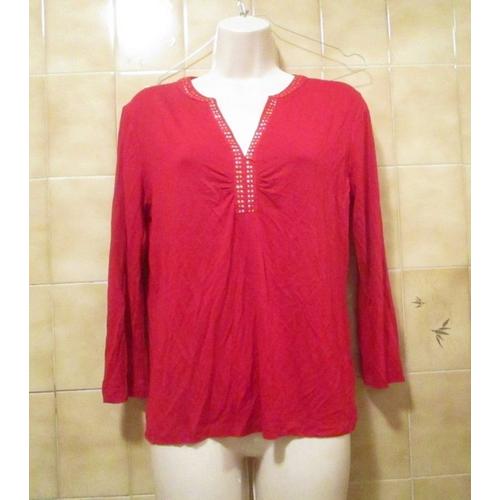 T-Shirt Tunique Rouge Style Oriental, Avec Perles Dorées, T. 38