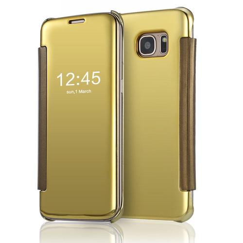 Etui A Rabat Samsung Galaxy S7 Miroir Or Metal Silicone Rigide (Tpu)