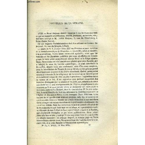 Les Mondes (Cosmos) N° 11 - Lettre De S.S. Le Pape Léon Xiii Au Président Et Aux Membres De La Société Scientifique De Bruxelles, Taches Du Soleil Et La Peste, Eclairage Électrique, Statue De Gauss(...)