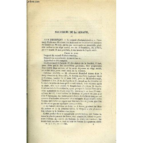 Les Mondes (Cosmos) N° 3 - Curieuse Aérolithe, La Lumière Électrique En Italie, Solution Du Problème Chinois Du Reste, La Neige, Les Instruments De L Observatoire Populaire Du Trocadéro, Montage Des(...)