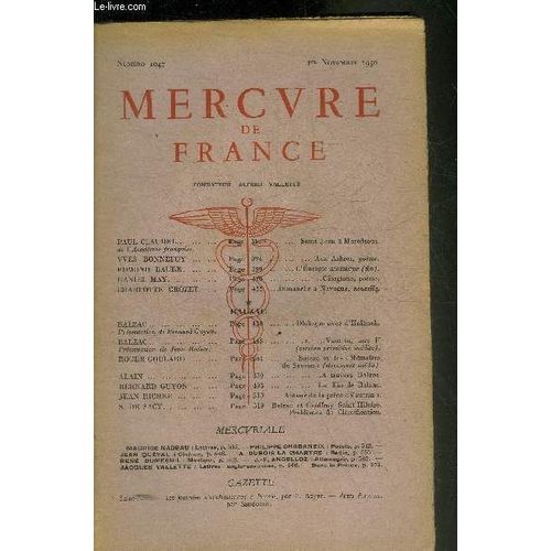 Mercure De France N°1047 1er Novembre 1950 - Saint Jean À Maredsous Par Paul Claudel - Aux Arbres Poème Par Yves Bonnefoy - L Énergie Atomique (Fin) Par Edmond Bauer - Giorgione Poème Par Daniel May(...)