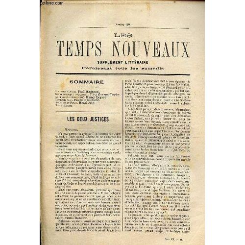 Les Temps Nouveaux - Supplement Litteraire - Tome 3e - N°39/ Les Deux Justices/ Si Les Individus Voulaient... (Fin)/ Toujours Vrai/ Religion Et Folie/ Bibliographie.