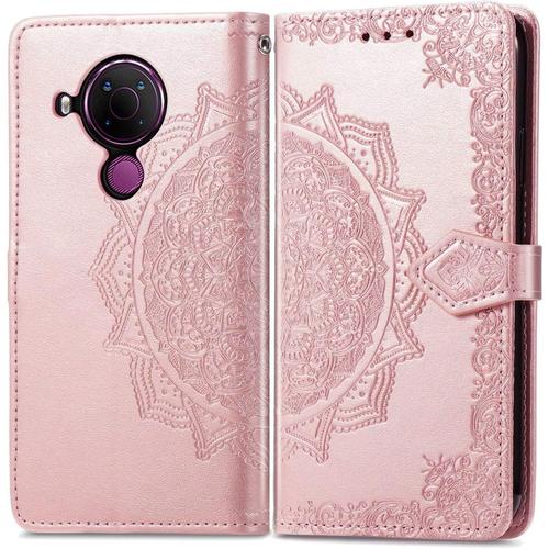 Coque Nokia 5.4, Pu/Tpu Cuir Flip Portefeuille Étui Housse De Protection Avec Espèces Et Carte Fente, Conception De Fleurs Vintage, Wallet Protection Cover Or Rose