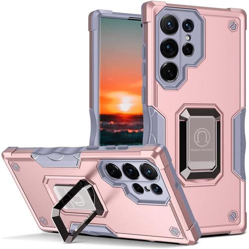 Coque Pour Samsung Galaxy S22 Ultra, Etui Avec Support Rotatif Military Grade Hard Pc Ultra Mince Bumper Antichoc Housse Pour Samsung Galaxy S22 Ultra. Yjq Rose Gold