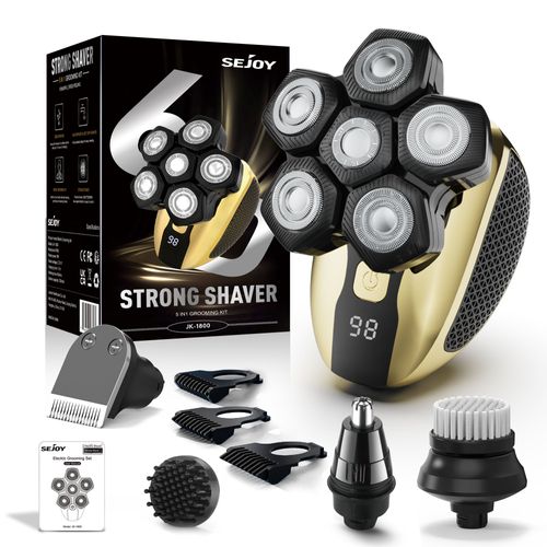 Sejoy Rasoir Électrique Hommes 5 En 1 - Rasoir Tête Chauve Homme Sans Fil Avec Écran Led, Sec Et Humide Portable, Étanche Ipx6 - Doré