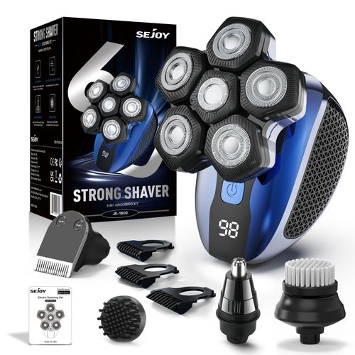 Sejoy Rasoir Électrique Hommes 5 En 1 - Rasoir Tête Chauve Homme Sans Fil Avec Écran Led, Sec Et Humide Portable, Étanche Ipx6 - Bleu