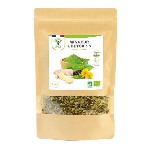 Thé Minceur & Détox Bio - Infusion Vrac - Élimination Brûle Graisse Contrôle Du Poids - Thé Vert Maté Gingembre Ortie Pissenlit - Fabriqué En France - 150g