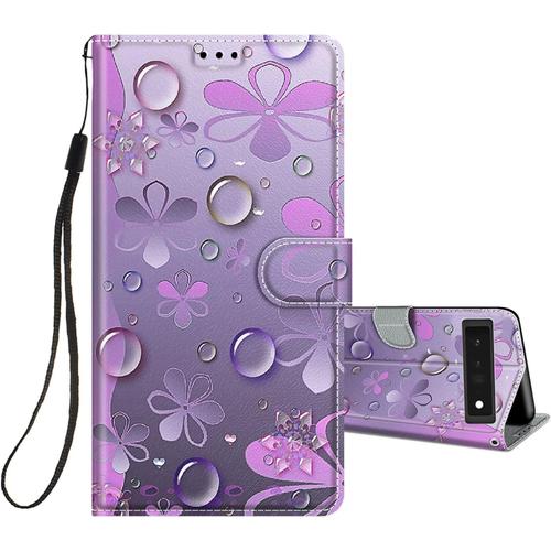 Coque Pour Google Pixel 6 Housse Cuir À Rabat Etui Folio Portefeuille Motif Pour Filles Femme Garçons, Flip Case Cuir Pu Étui Antichoc Cover Pour Pixel 6, Fleur Mauve