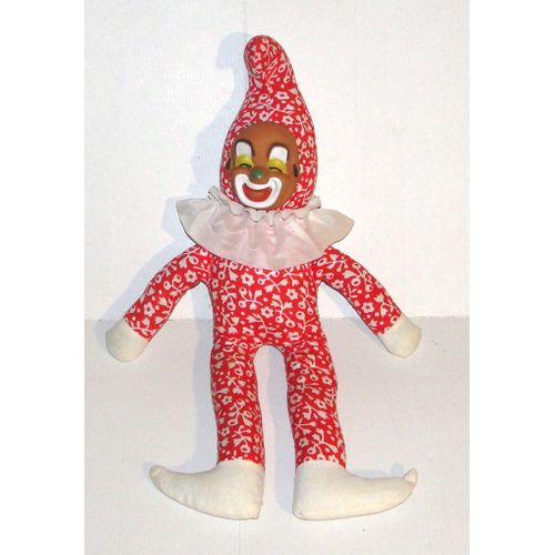 Clown Ancien En Tissus Fleurie Peluche Poupée De Chiffon Doudou Arlequin 42 Cm