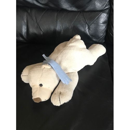 Doudou Peluche Ours Polaire Allongé Écharpe Bleu France Loisir 34cm