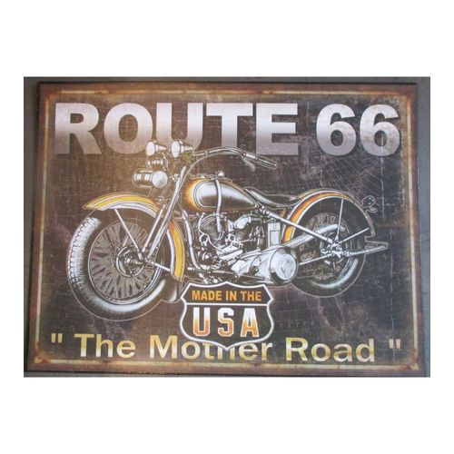 Plaque Moto Route 66 Fond Marron Noir Aspect Rouillé Tole Pub Affiche Metal Usa
