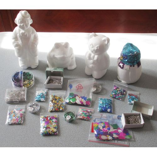 Supports En Polystyrène À Décorer : Hibou (15cm) + Ourson (17cm) + Crapaud (14cm) + Personnage (24cm) - Avec Assortiments De Paillettes À Trous Colorées Diverses À Piquer Ou À Coller + Épingles Clous