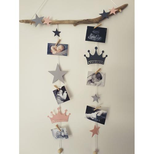 Pele Mele Mobile Porte Photos Bois Flotte Idee Cadeau Naissance Bebe Princesse Couronne Etoiles Rakuten