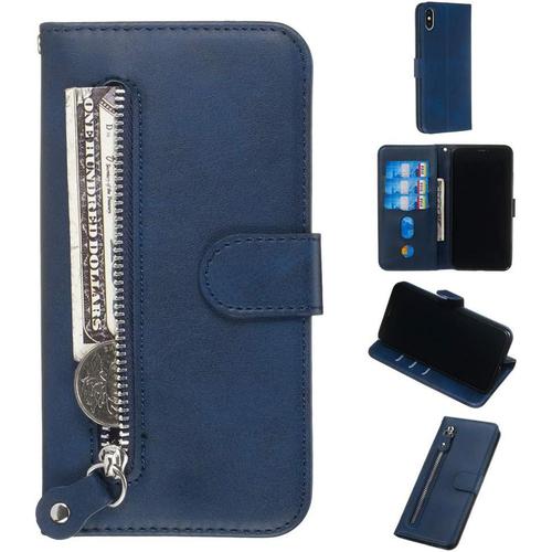 Étui Pour Apple Iphone Xs Max 6 5 Pouces Pu Cuir Couverture Magnétique Portefeuille Protection Housse Stent Fonction Flip Cuir Pour Iphone Xs Max Fermeture Éclair Bleu