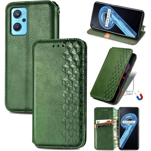 Coque Pour Realme 9i/Oppo A76, Antichoc Housse Étui En Cuir Flip Case Portefeuille Avec Motif Losange 3d Porte Carte Adsorption Magnétique Pour Oppo A36/Oppo A96, Vert