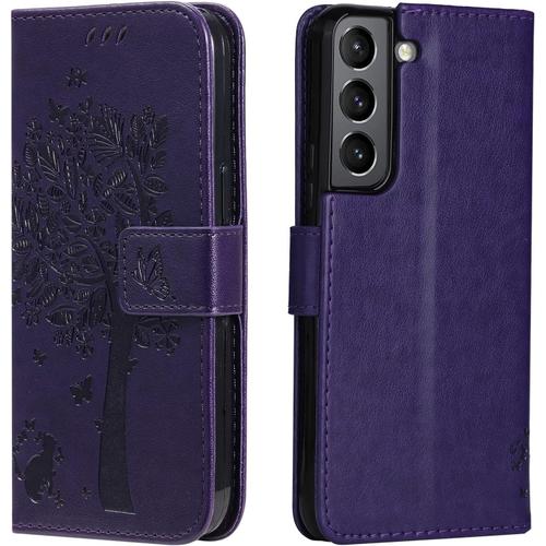 Coque Samsung Galaxy S22, Antichoc Tpu Housse Samsung S22 5g Cuir Pu Portefeuille Etui Béquille Fentes Pour Cartes Fermoir Magnétique Coque Pour Galaxy S22 2022 ,Mauve