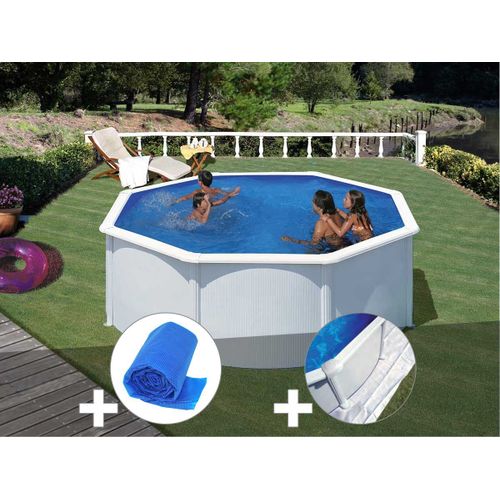 Kit piscine acier blanc Gré Fidji ronde 3,20 x 1,22 m + Bâche à bulles + Tapis de sol