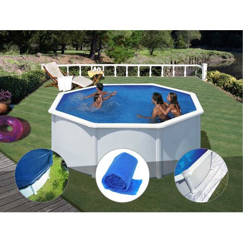 Kit piscine acier blanc Gré Fidji ronde 3,20 x 1,22 m + Bâche hiver + Bâche à bulles + Tapis de sol