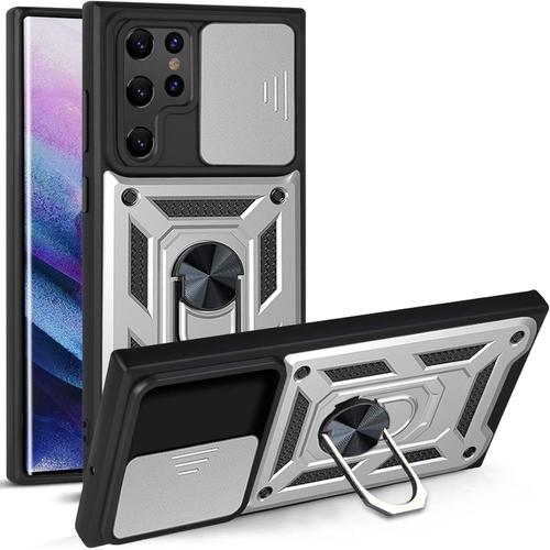 Coque Pour Samsung Galaxy S22 Ultra 5g Avec Cache Webcam & Support Annulaire À 360 Degrés, Anti-Chute Étui Housse Compatible Avec Support De Voiture Magnétique, Argent