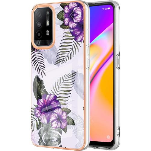 Coque Pour Oppo A95 5g/Oppo A94 5g Téléphone Portable Avec Motif De Marbre Électrolytique Coque Ultra Fine En Silicone Coque Antidérapante Et Antichoc Case Fleur Mauve