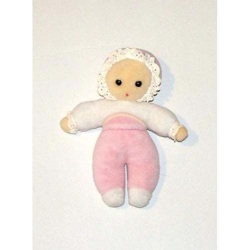 Doudou Bébé Poupon Rose Et Blanc Petites Dentelles Sur Son Bonnet Peluche Poupée Nounours Vintage 28cm