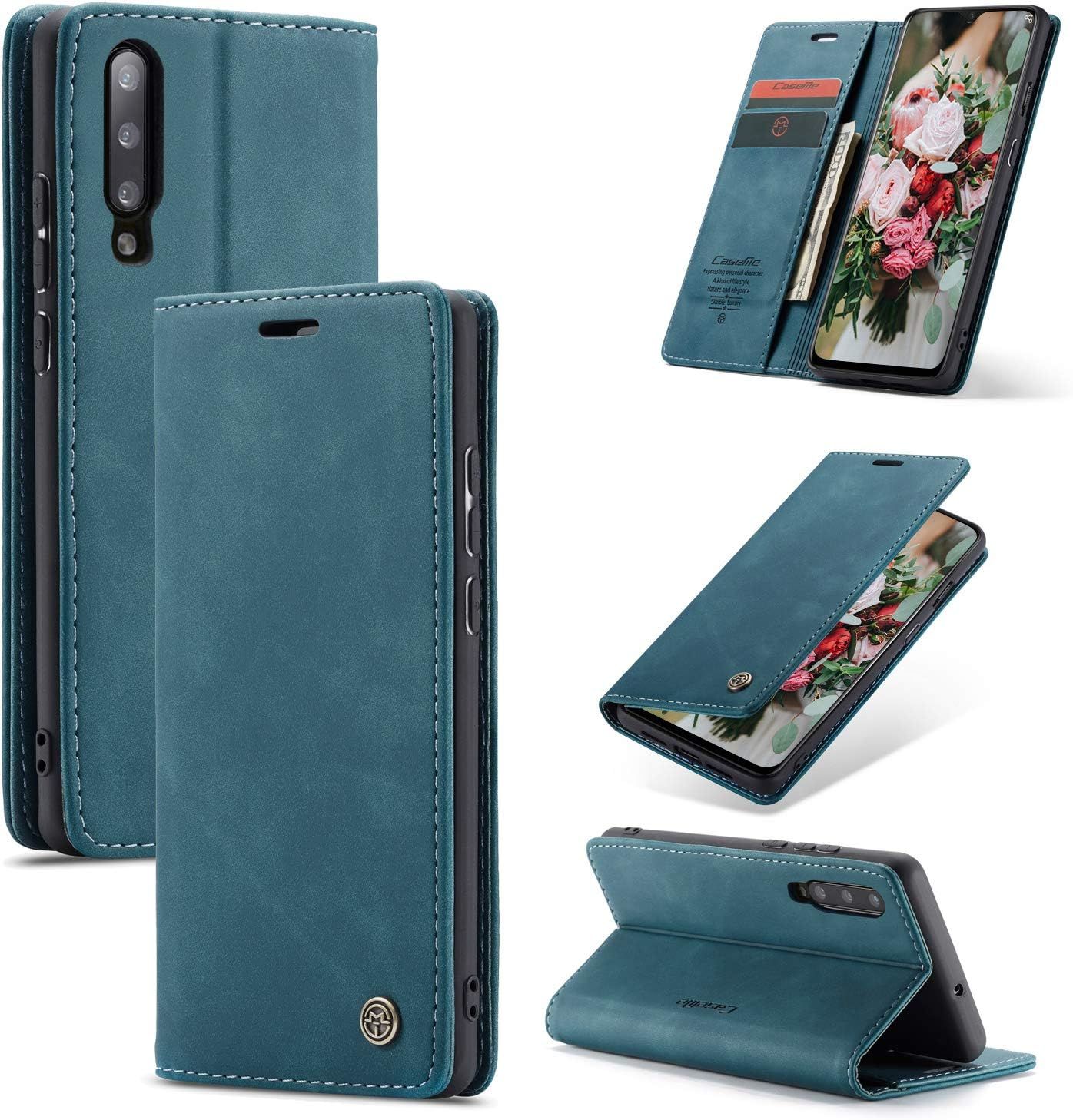 Coque Compatible Avec Samsung Galaxy A70 Ultra Mince Portefeuille Emplacement Carte Rabat Flip Phone Case Clapet Folio Étui Cuir Pu Housse Et Tpu Bumper Protection Bleu