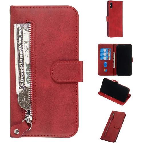 Étui Pour Apple Iphone Xs Max 6 5 Pouces Pu Cuir Couverture Magnétique Portefeuille Protection Housse Stent Fonction Flip Cuir Pour Iphone Xs Max Fermeture Éclair Rouge