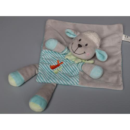 Doudou Mouton Plat Gris Bleu Vert Lapin Nicotoy