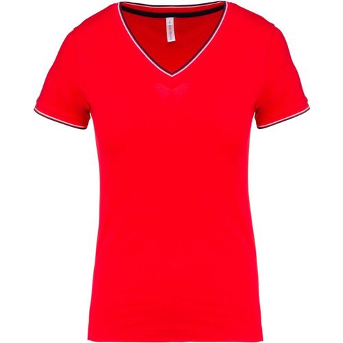 T-Shirt Manches Courtes Coton Piqu? Col V K394 - Rouge - Femme