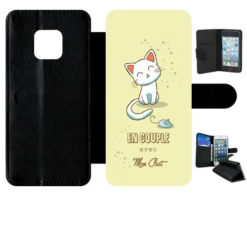 Etui A Rabat - En Couple Avec Mon Chat Fond Jaune - Compatible Avec Huawei Mate 20 Pro - Plastique - Bord Noir