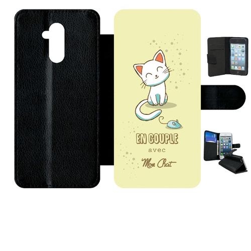 Etui A Rabat - En Couple Avec Mon Chat Fond Jaune - Compatible Avec Huawei Mate 20 Lite - Plastique - Bord Noir