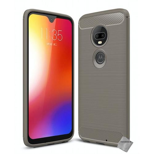 Housse Etui Coque Silicone Gel Carbone Pour Motorola Moto G7 Plus + Verre Trempe - Gris